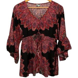 NWT Nostalgia Bell Sleeve Printed Top Black and Red Women L V Neck Ruffle